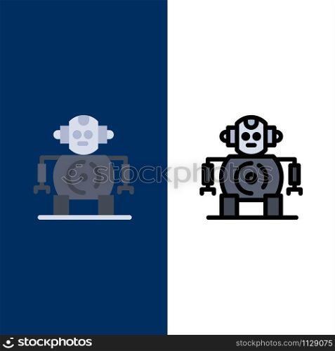 Cnc, Robotics, Technology Icons. Flat and Line Filled Icon Set Vector Blue Background