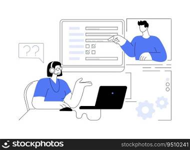 Co-browsing abstract concept vector illustration. Opinion poll worker making phone interview and sharing screen with respondent, social science, remote citizens survey abstract metaphor.. Co-browsing abstract concept vector illustration.