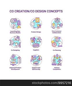 Co-creation concept icons set. Co-design idea thin line RGB color illustrations. Launching new business models. Enhanced product development. Vector isolated outline drawings. Editable stroke. Co-creation concept icons set
