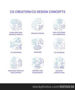 Co-creation concept icons set. Co-design idea thin line RGB color illustrations. Launching new business models. Support and sponsorship. Suppliers. Product design. Vector isolated outline drawings. Co-creation concept icons set