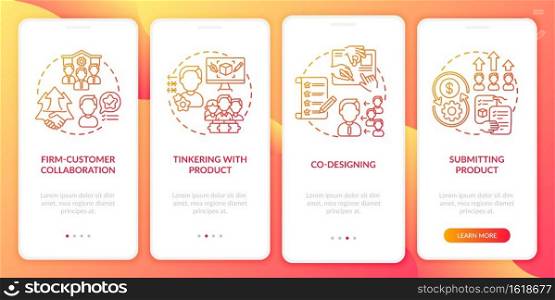 Co creation kinds onboarding mobile app page screen with concepts. Firm-customer cooperation, co-design walkthrough 4 steps graphic instructions. UI vector template with RGB color illustrations. Co creation kinds onboarding mobile app page screen with concepts