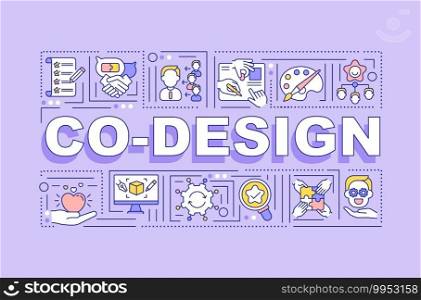 Co design word concepts banner. Increased return on investment. Infographics with linear icons on purple background. Customer insight. Isolated typography. Vector outline RGB color illustration. Co design word concepts banner