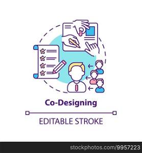 Co-designing concept icon. Co creation type idea thin line illustration. Design developing process with stakeholders. Collaborative approach. Vector isolated outline RGB color drawing. Editable stroke. Co-designing concept icon