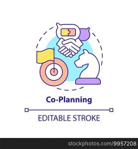 Co-planning concept icon. Co-production element idea thin line illustration. Participatory approach to design. Consensus and cooperation. Vector isolated outline RGB color drawing. Editable stroke. Co-planning concept icon