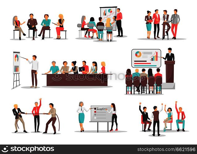 Co-workers do job in teams and use visual presentations, modern devices, unusual approach and discuss in groups vector illustrations set.. Office Team Building Concepts Illustrations Set