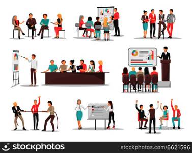 Co-workers do job in teams and use visual presentations, modern devices, unusual approach and discuss in groups vector illustrations set.. Office Team Building Concepts Illustrations Set