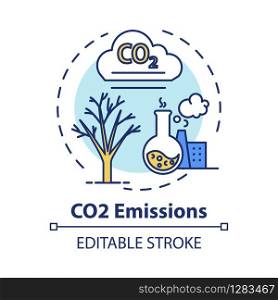 CO2 emission concept icon. Facility and factory production. Chemical pollution. Overconsumption idea thin line illustration. Vector isolated outline RGB color drawing. Editable stroke