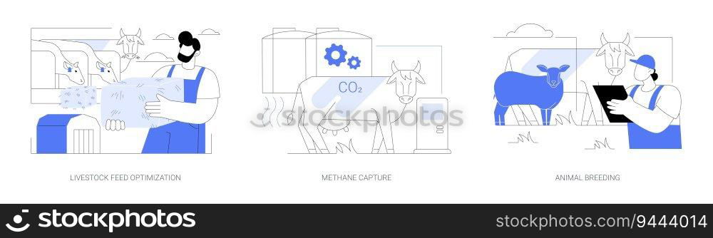 CO2 management abstract concept vector illustration set. Livestock feed optimization, methane capture, animal breeding, low-emission diet for livestock, smart farming, agroecology abstract metaphor.. CO2 management abstract concept vector illustrations.