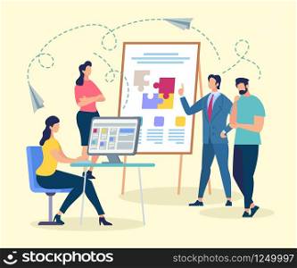Coach Character Making Presentation of Coworking. Man Standing near Flip Board with Puzzle Pieces. Shared Workspace Service. Freelancer Talking and Working at Computer Cartoon Flat Vector Illustration. Coach Character Making Presentation of Coworking.