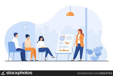 Coach speaking before audience. Mentor presenting charts and reports, Employees meeting at business training, seminar or conference. Vector illustration for presentation, lecture, education concept