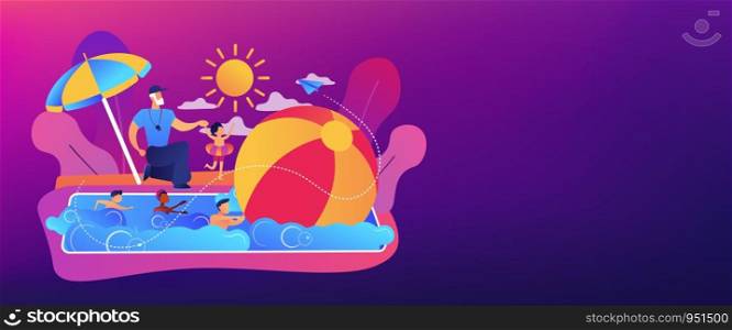 Coach teaching and children learning to swim in the pool in summer camp, tiny people. Swim camp, open water trainings, best swimmer course concept. Header or footer banner template with copy space.. Swim camp concept banner header.