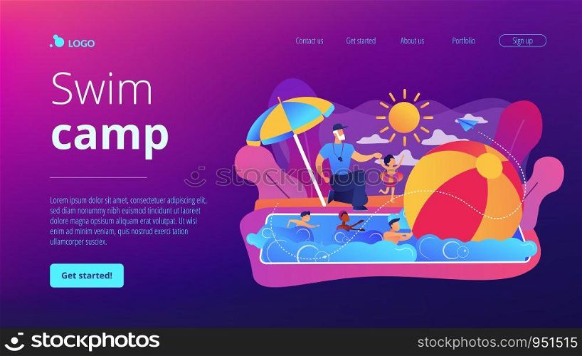 Coach teaching and children learning to swim in the pool in summer camp, tiny people. Swim camp, open water trainings, best swimmer course concept. Website homepage landing web page template.. Swim camp concept landing page.