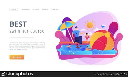 Coach teaching and children learning to swim in the pool in summer camp, tiny people. Swim camp, open water trainings, best swimmer course concept. Website homepage landing web page template.. Swim camp concept landing page.