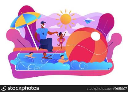 Coach teaching and children learning to swim in the pool in summer camp, tiny people. Swim camp, open water trainings, best swimmer course concept. Bright vibrant violet vector isolated illustration. Swim camp concept vector illustration.