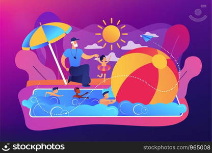 Coach teaching and children learning to swim in the pool in summer camp, tiny people. Swim camp, open water trainings, best swimmer course concept. Bright vibrant violet vector isolated illustration