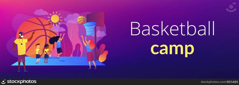 Coach teaching and kids practicing basketball in summer camp, tiny people. Basketball camp, NBA academy, achieve basketball goals concept. Header or footer banner template with copy space.. Basketball camp concept banner header.