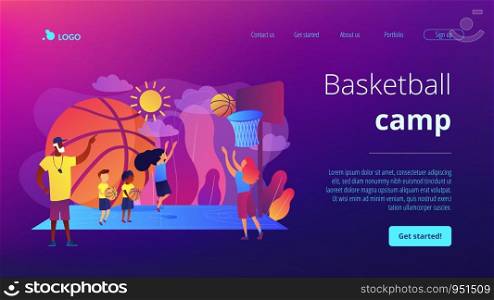 Coach teaching and kids practicing basketball in summer camp, tiny people. Basketball camp, NBA academy, achieve basketball goals concept. Website homepage landing web page template.. Basketball camp concept landing page.