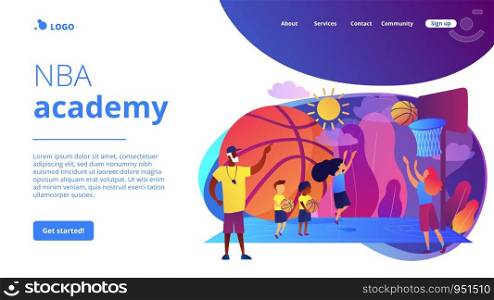 Coach teaching and kids practicing basketball in summer camp, tiny people. Basketball camp, NBA academy, achieve basketball goals concept. Website homepage landing web page template.. Basketball camp concept landing page.