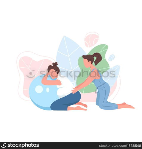 Coach with pregnant woman flat color vector faceless character. Prenatal exercise. Girl with aerobics ball. Pregnancy fitness isolated cartoon illustration for web graphic design and animation. Coach with pregnant woman flat color vector faceless character