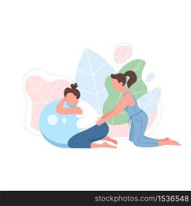 Coach with pregnant woman flat color vector faceless character. Prenatal exercise. Girl with aerobics ball. Pregnancy fitness isolated cartoon illustration for web graphic design and animation. Coach with pregnant woman flat color vector faceless character