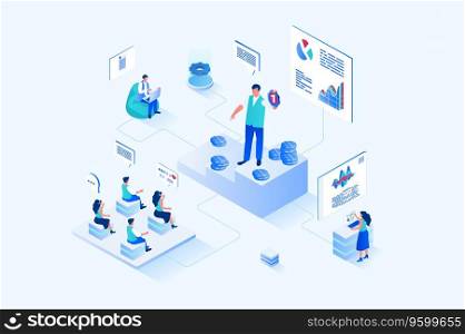 Coaching 3d isometric web design. People listen to business coach at conference and improve their professional skills, the coach optimizes business processes and workflow. Vector web illustration. Coaching 3d isometric web design. Vector web illustration