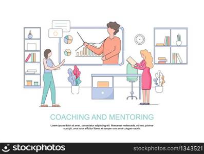 Coaching and Mentoring Horizontal Banner with Copy Space. Office People Watch Economic Seminar Online. Coach Conducting Busines Video Presentation for Employees Linear Cartoon Flat Vector Illustration. Office People Watching Economic Seminar. Coaching.