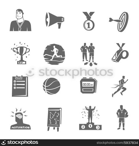 Coaching and sport black flat icons set isolated vector illustration. Coaching And Sport Icons Set