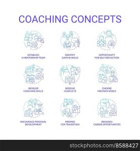 Coaching blue gradient concept icons set. Mentorship program idea thin line color illustrations. Mentee, mentor. Career opportunities. Isolated symbols. Roboto-Medium, Myriad Pro-Bold fonts used. Coaching blue gradient concept icons set