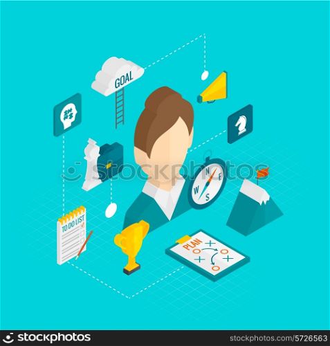 Coaching business isometric icon set with female coach avatar vector illustration