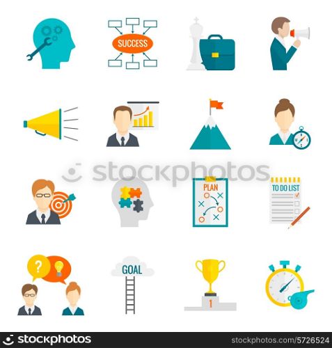 Coaching business leadership management and teamwork motivation icon flat set isolated vector illustration