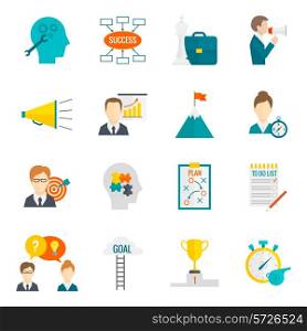 Coaching business leadership management and teamwork motivation icon flat set isolated vector illustration