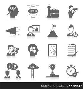 Coaching business teamwork partnership and collaboration training system icon black set isolated vector illustration