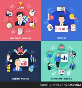 Coaching concept icons set with business training symbols flat isolated vector illustration. Coaching Concept Icons Set