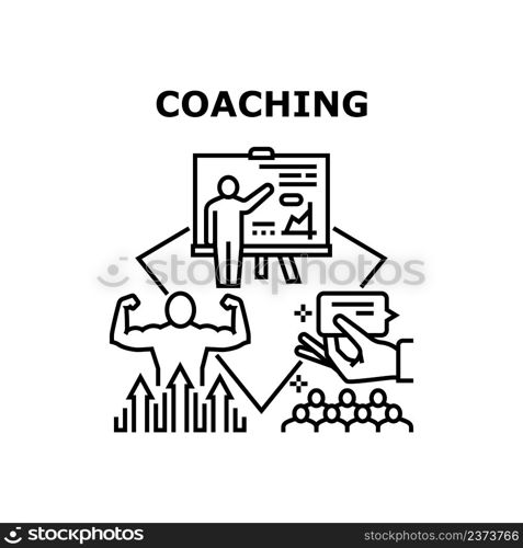 Coaching Consulting Vector Icon Concept. Coaching Consulting And Explaining Goal Achievement And Motivation Colleagues, Presentation In Meeting Room. Audience Coach Black Illustration. Coaching Consulting Vector Concept Illustration
