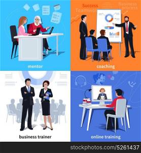 Coaching Flat Compositions. Flat compositions with mentor and student coaching business trainer and online learning isolated vector illustration