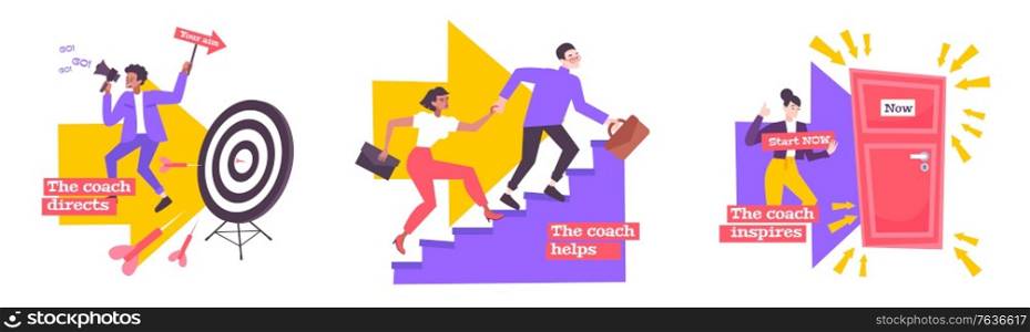 Coaching flat compositions set of coaches helping people to achieve quick success in career raising isolated vector illustration