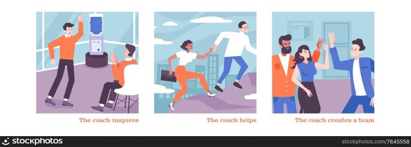 Coaching flat illustrations set with coaches creating team and inspiring people to start business vector illustration