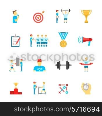 Coaching football team planning boxing training flat icons set with trophy winner abstract isolated vector illustration