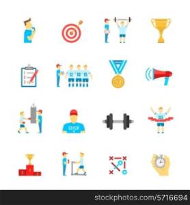 Coaching football team planning boxing training flat icons set with trophy winner abstract isolated vector illustration