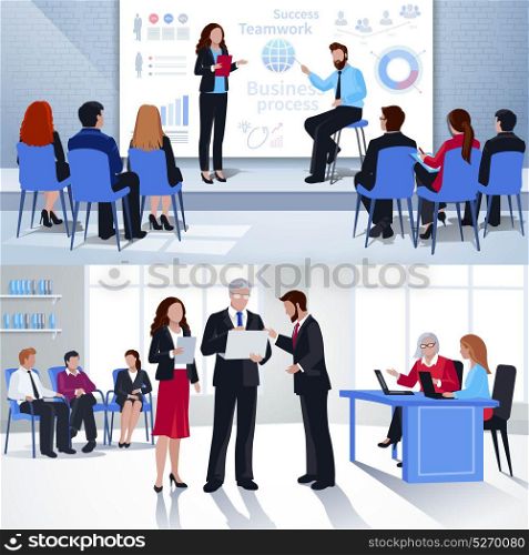 Coaching Horizontal Flat Banners. Coaching horizontal flat banners with corporate business training and mentoring at university isolated vector illustration