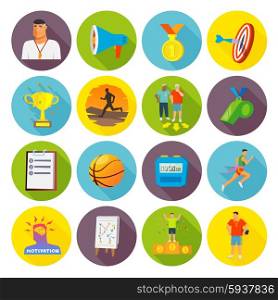 Coaching sport icons flat set with stopwatch trophy and whistle isolated vector illustration. Coaching Sport Icons Flat