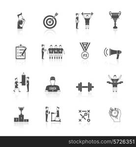 Coaching sport tournament athlete training black icon set isolated vector illustration