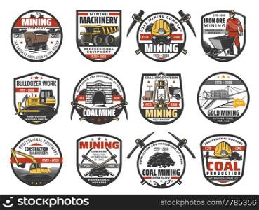 Coal and gold mining industry icon, coal mine machines and worker. Vector haul truck, miner with wheelbarrow and bulldozer, excavator, dump car and mine reclaimer, coalmine tunnel, pickaxe and lantern. Coal mining industry equipment and tools icons