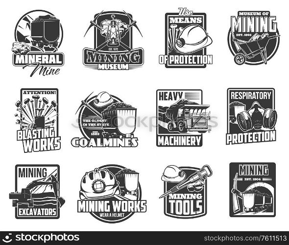 Coal and ore mining industry, miner tools and excavation machinery equipment vector icons. Coal mining excavators and mines, dynamite blasting works warning sign, miner hardhat and jackhammer. Coal and ore mining equipment, tools and machinery