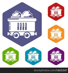 Coal car icons vector colorful hexahedron set collection isolated on white. Coal car icons vector hexahedron