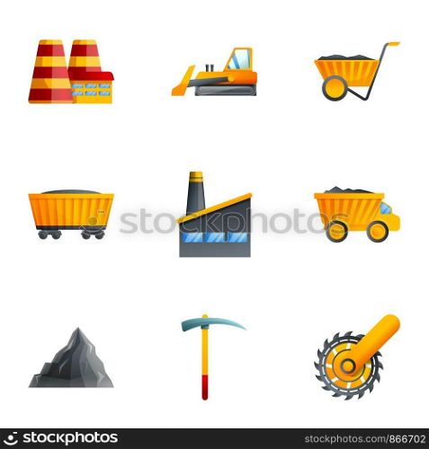Coal factory icon set. Cartoon set of 9 coal factory vector icons for web design isolated on white background. Coal factory icon set, cartoon style
