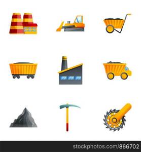 Coal factory icon set. Cartoon set of 9 coal factory vector icons for web design isolated on white background. Coal factory icon set, cartoon style