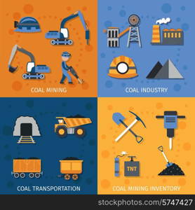 Coal industry design concept set with mining transportation inventory flat icons isolated vector illustration