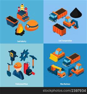 Coal industry design concept set with transportation mine machines and professional miner isometric icons isolated vector illustration. Coal Industry Isometric