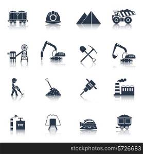 Coal industry icons black set with train truck factory isolated vector illustration